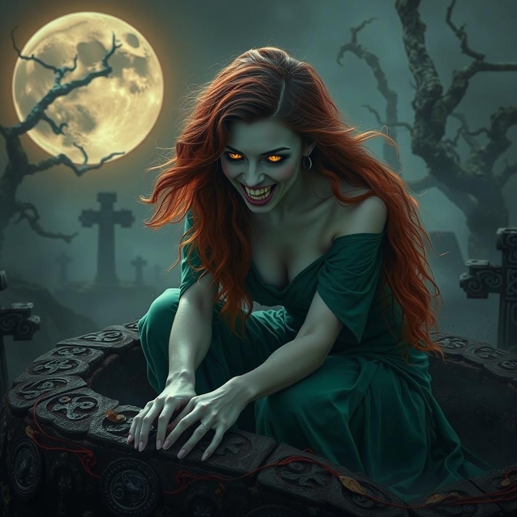 "Create a mysterious and enchanting image depicting Dearg, an ancient Irish female vampire, who awakens from her eternal...