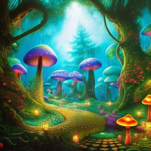 Enchanted Mushroom Treehouse with Slides: Fantasy Art