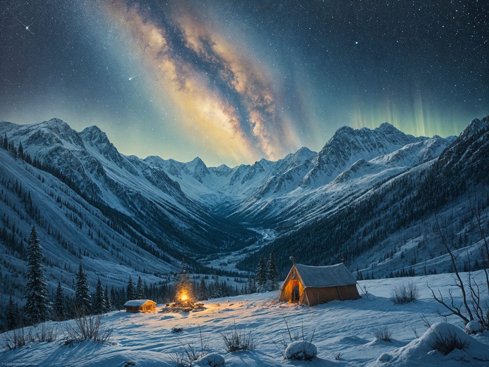 Dramatic Mountain Valley Under Northern Lights