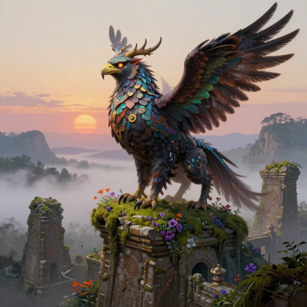 Majestic Griffin on Ancient Ruins at Dawn