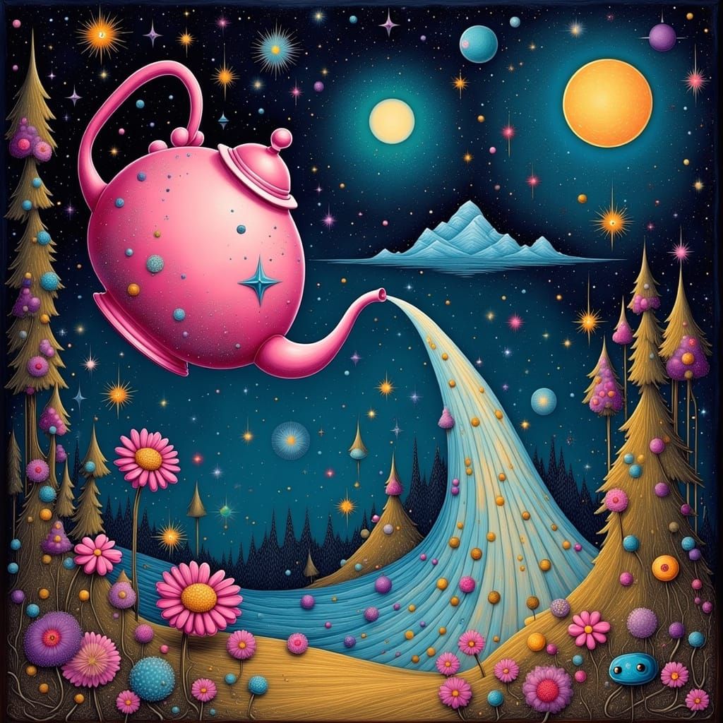Surreal Pink Teapot Pours Starlight Bridge in Dreamscape