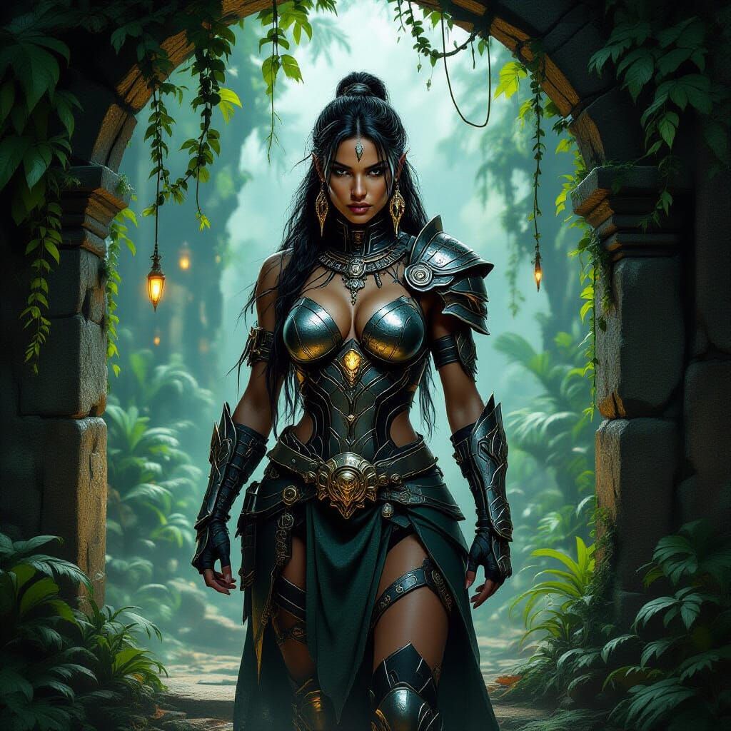 Amazonian Warrior in Biomechanical Armor at Jungle Tavern