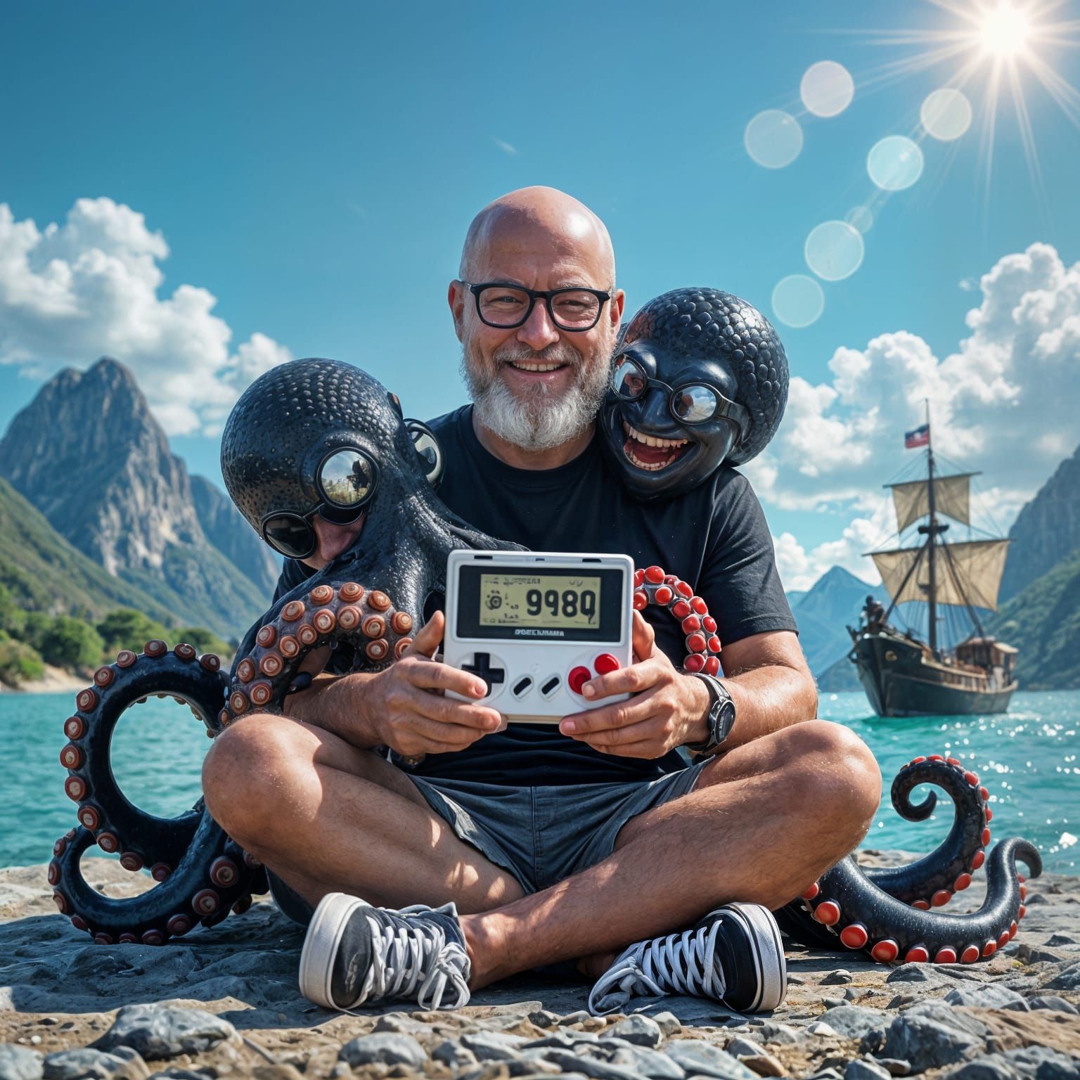 Bald Man and Octopus on Nintendo Game in Fantasy Art