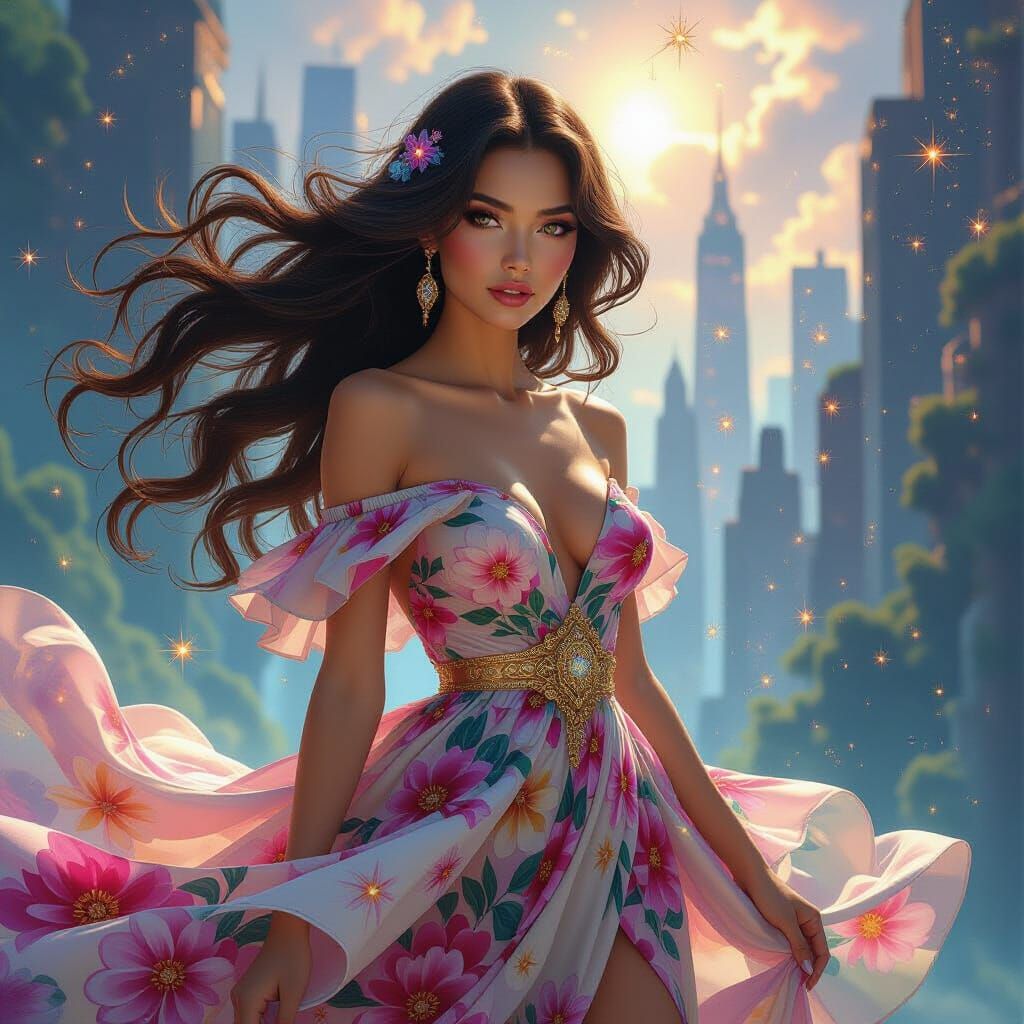 Cosmic Queen with Galactic Hair and Floral Dress