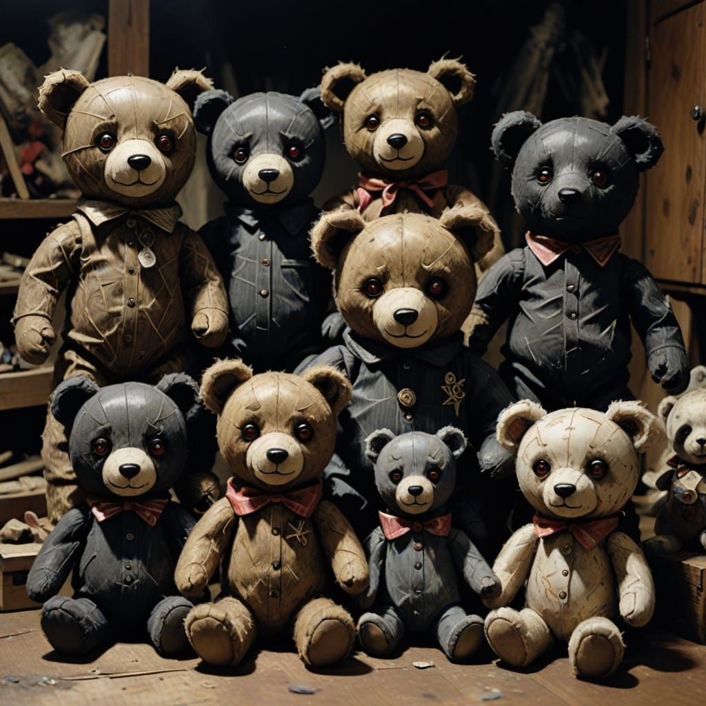 Evil Toys in Attic: Teddy Bear, Hare, Ragdoll in Charcoal