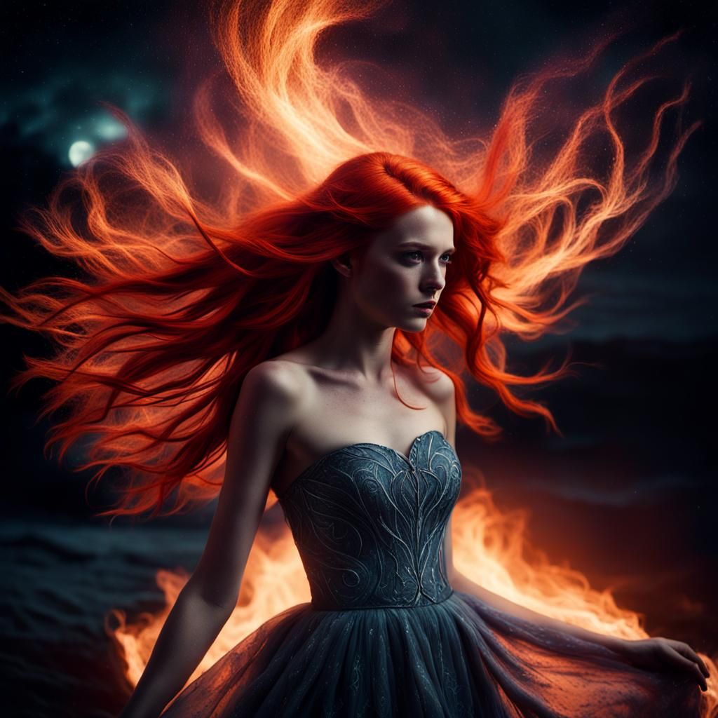 Moonlit Girl with Fiery Hair, Cinematic Portrait
