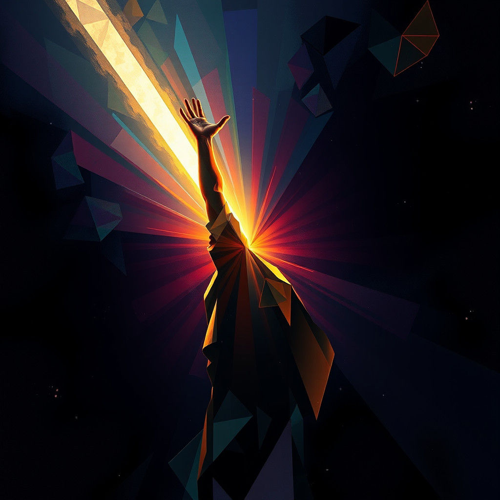 Figure Reaching for Light in Cubist Art Deco Style