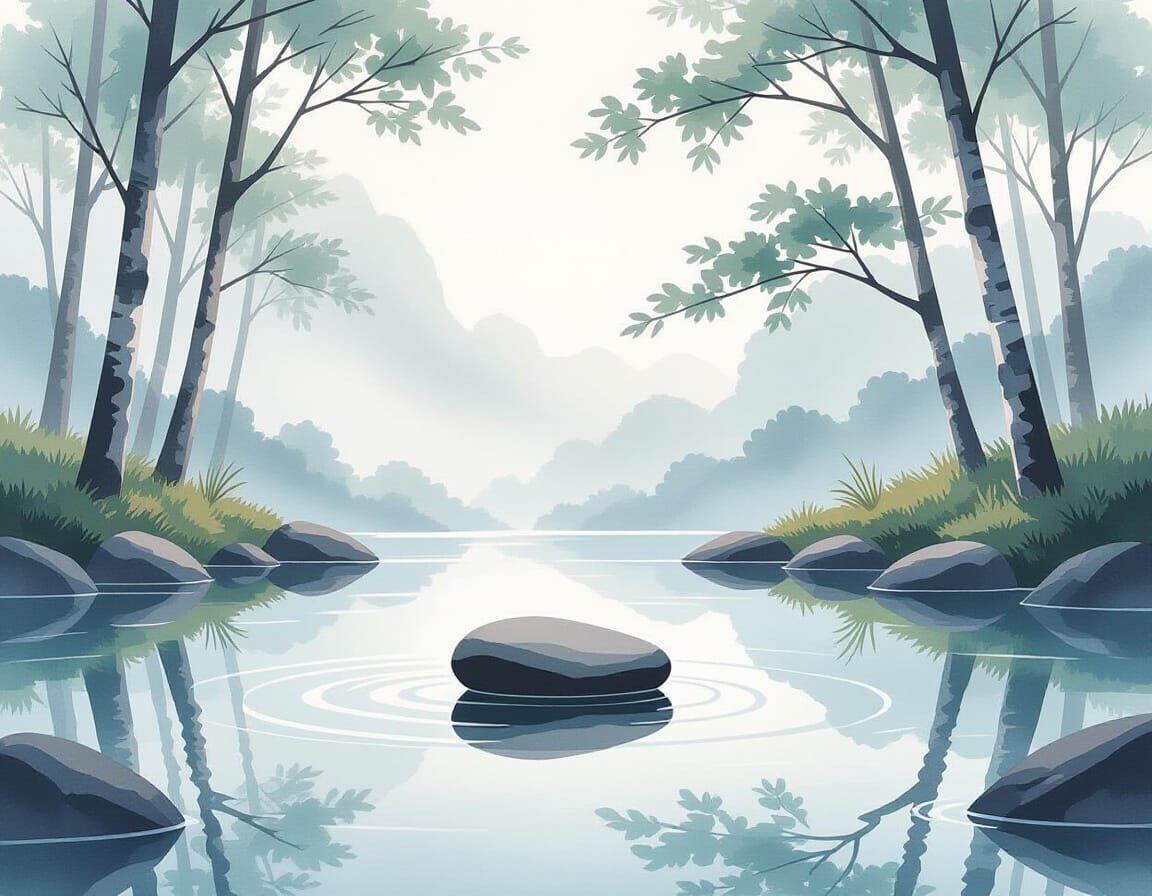 Minimalist Landscape With Smooth Stone in Clear Pond