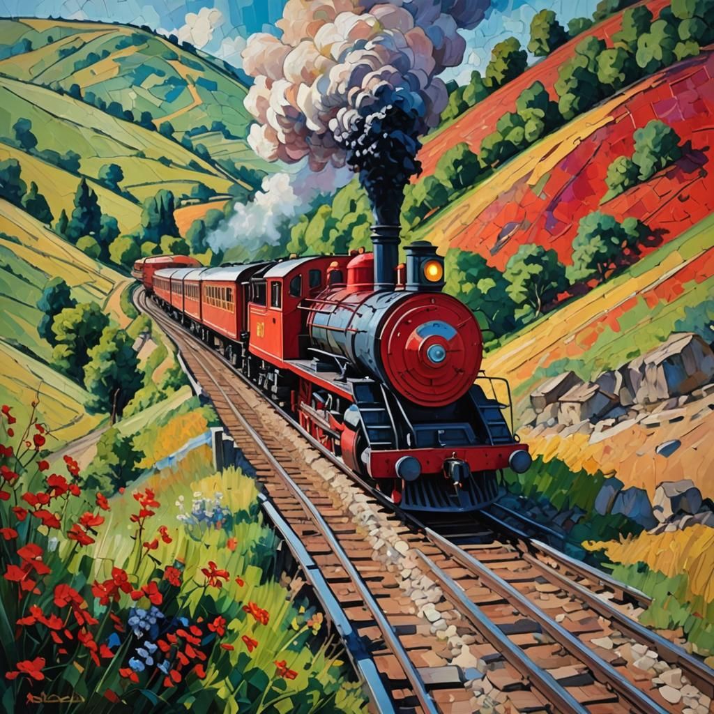 Red Train Ascending Hill in Expressionist Oil Painting