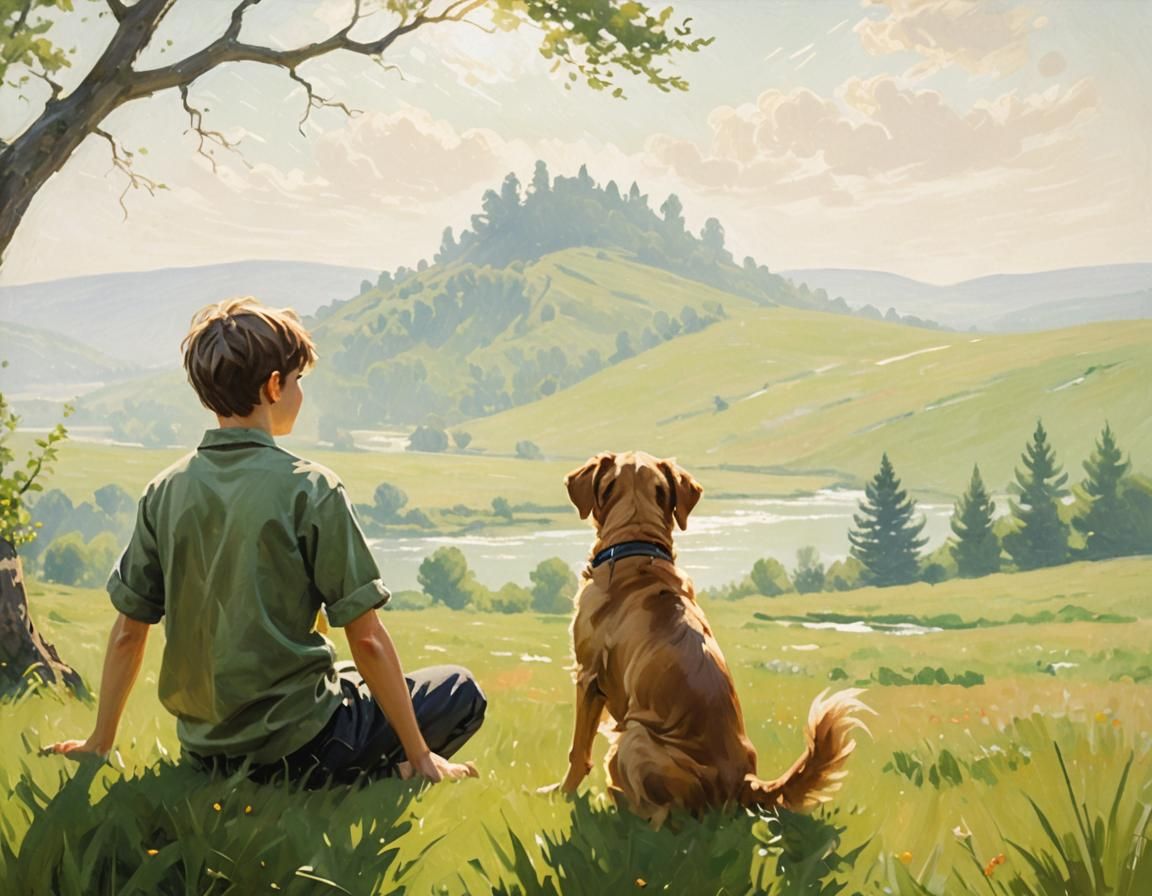 Boy and Dog in Summer Meadow as Impressionist Painting