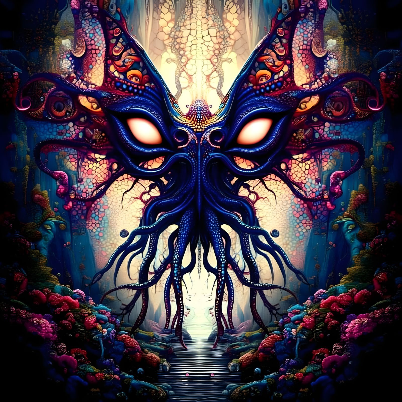 Gargantuan Winged Beast with Tentacle Eyes and Floral Motifs