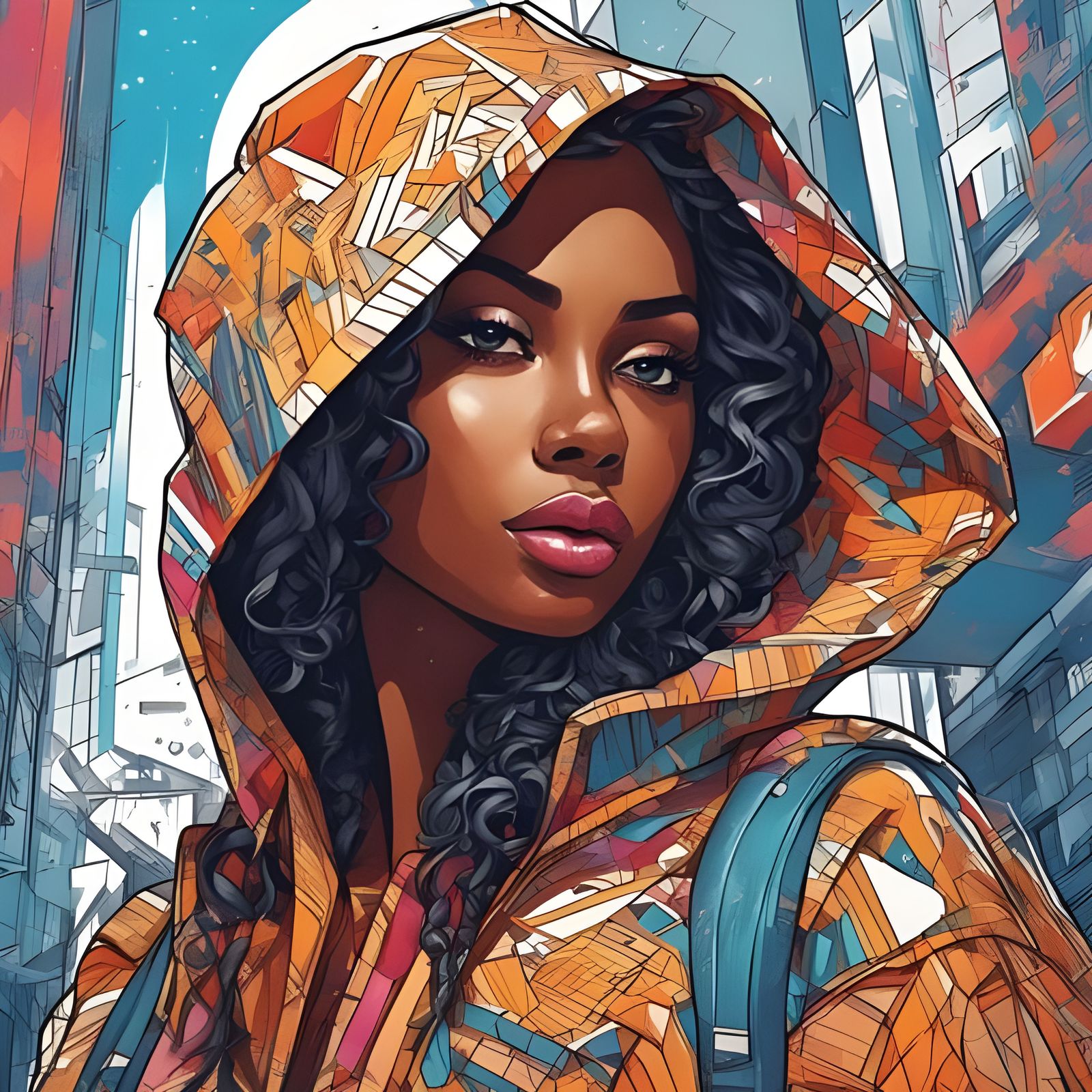 Hooded Afroamerican Beauty: Splash Art Portrait