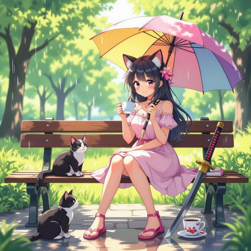 Anime Girl with Cat Ears in Summer Park