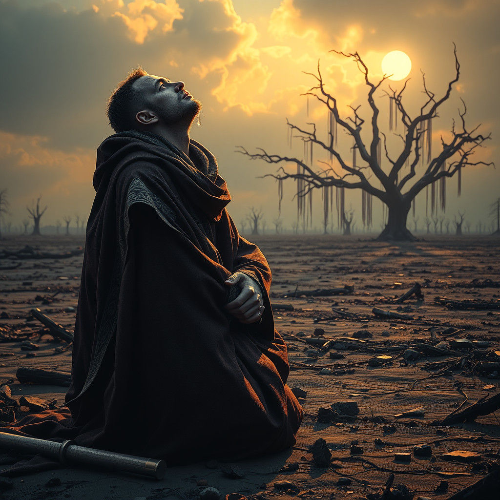 Distraught Priest on Battlefield: Dark Fantasy Concept Art