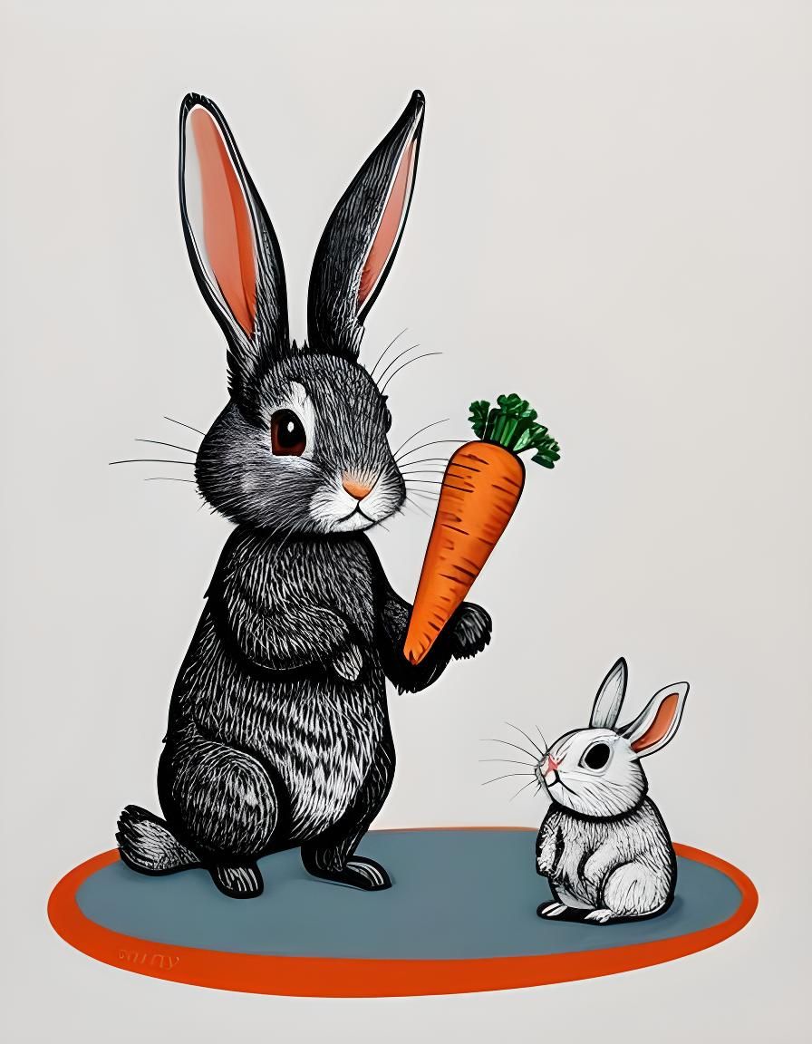 a rabbit eating carrot, white background, naive surreal vector lineart, 2-year-old kids' style, woodcut, no colors