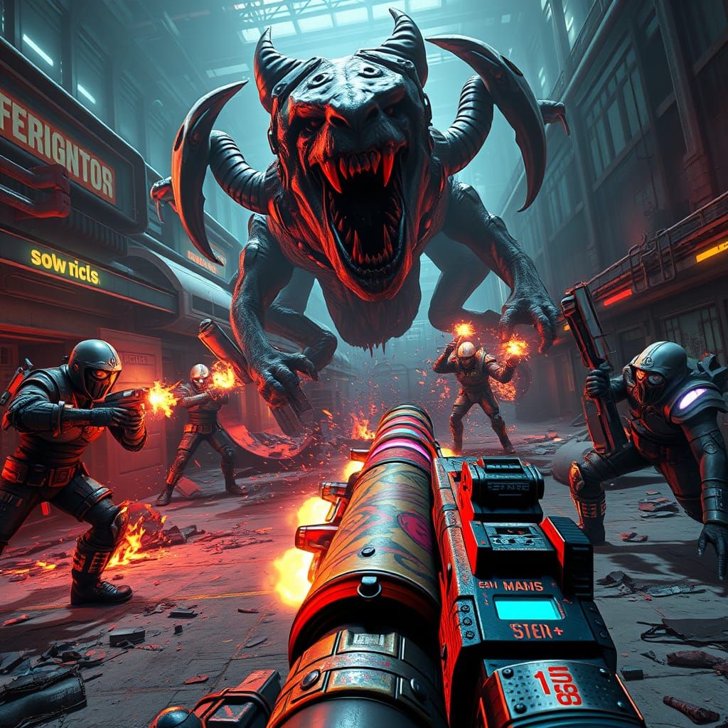 Post-Apocalyptic FPS Scene with Neon Shotgun in Cel-Shaded S...