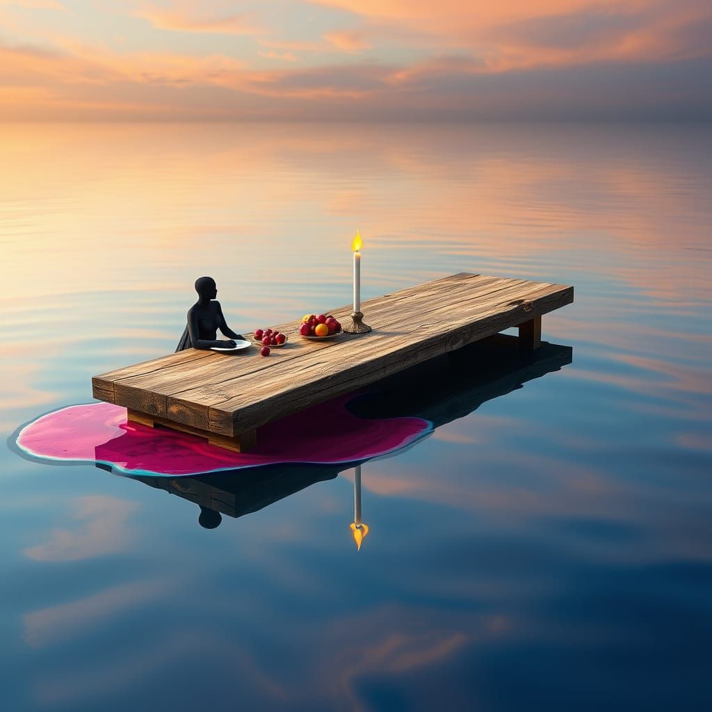 Surreal Table on Water with Melting Fruit