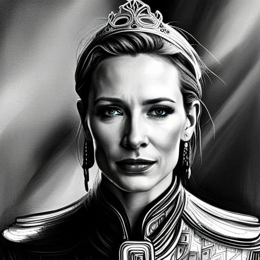 Crowned Cate Blanchett in Armored Astral Illustration
