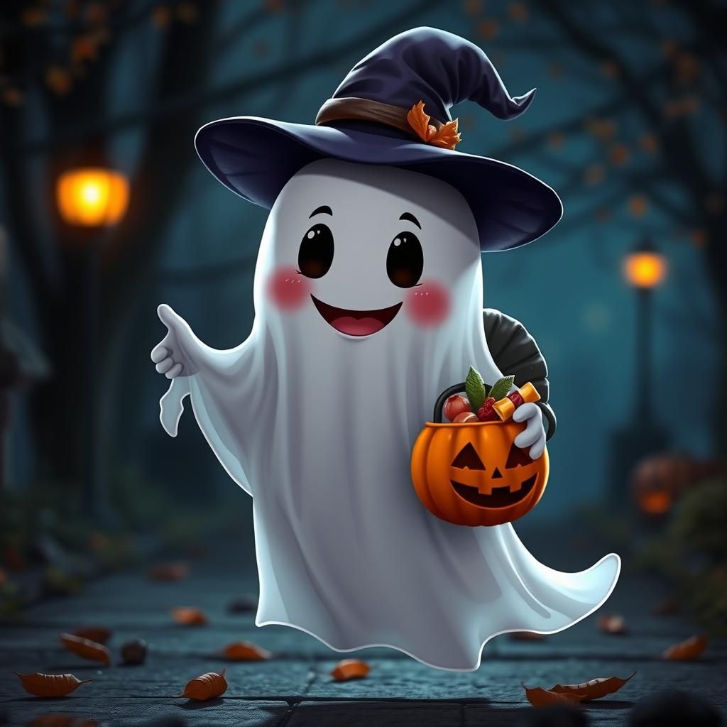 Whimsical Ghost Trick-or-Treating on Autumn Evening
