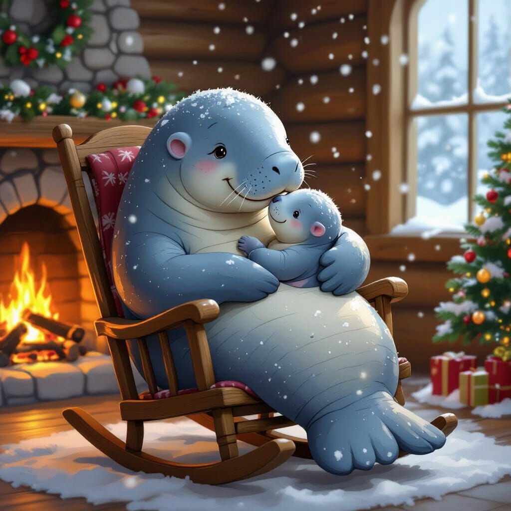 Heartwarming Manatee Family Cuddling in Cozy Cabin