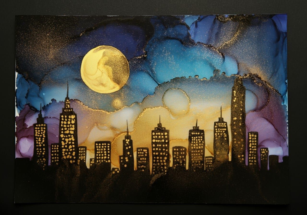 Gold Alcohol Ink Night Sky Cityscape Painting