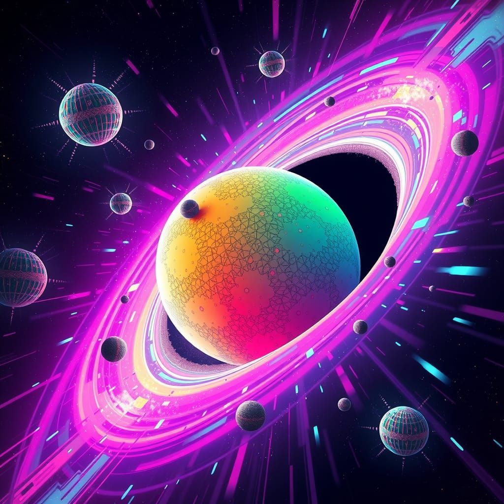 Planet Consumed by Holographic Black Hole in Retrofuturistic...