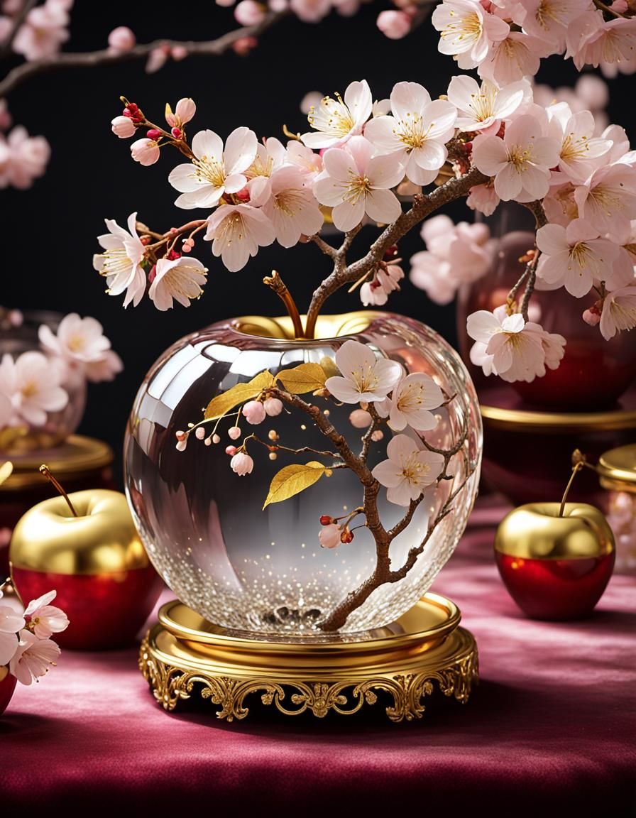 Crystal Apple with Cherry Blossoms: Surreal Digital Art