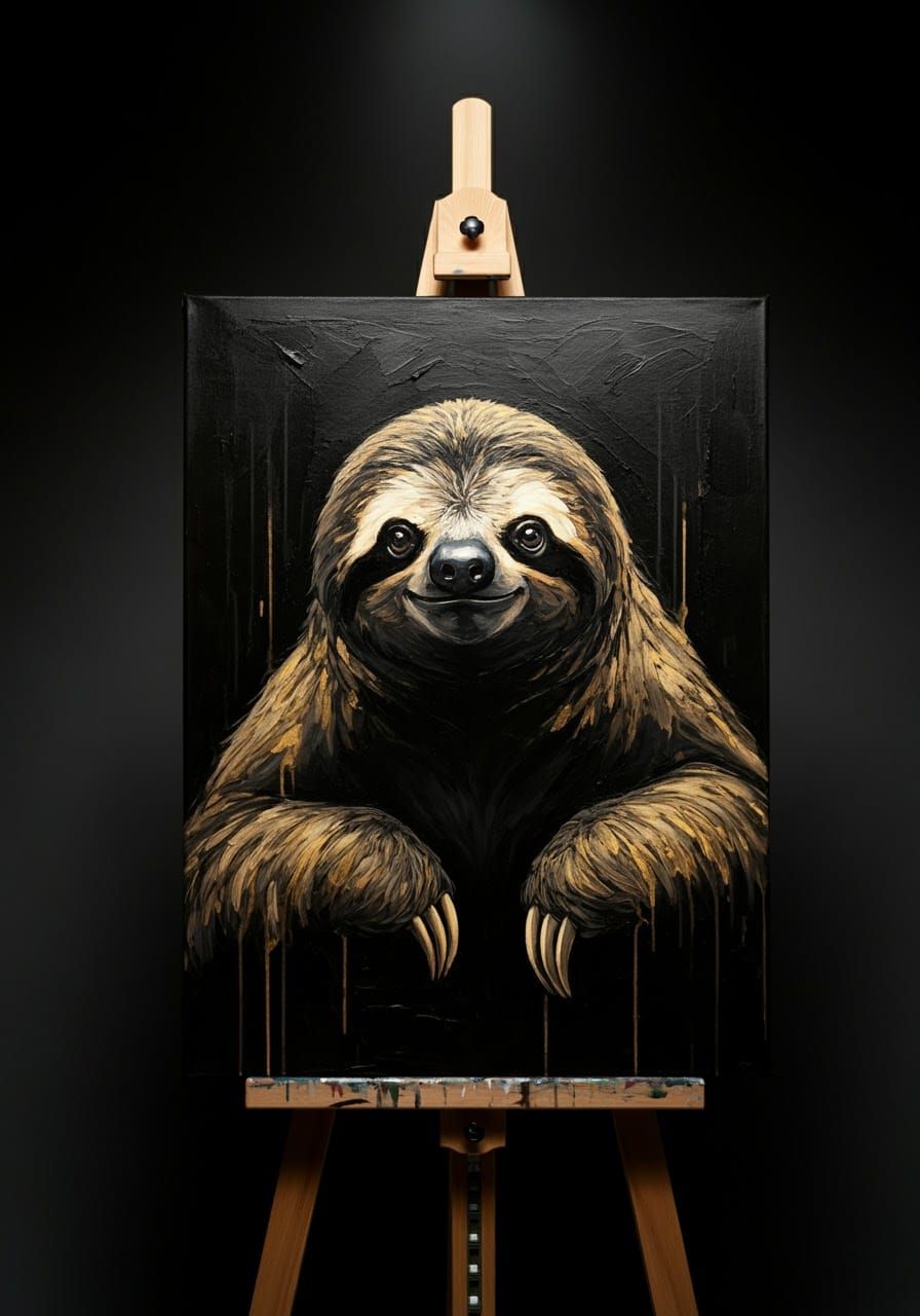 Black Sloth Grunge Painting with Golden Highlights