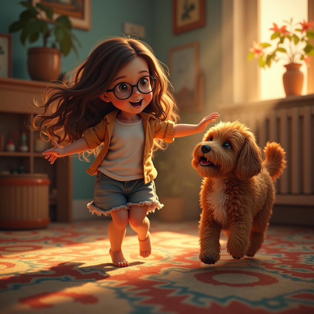 Girl Dancing with Dog in Cozy Living Room