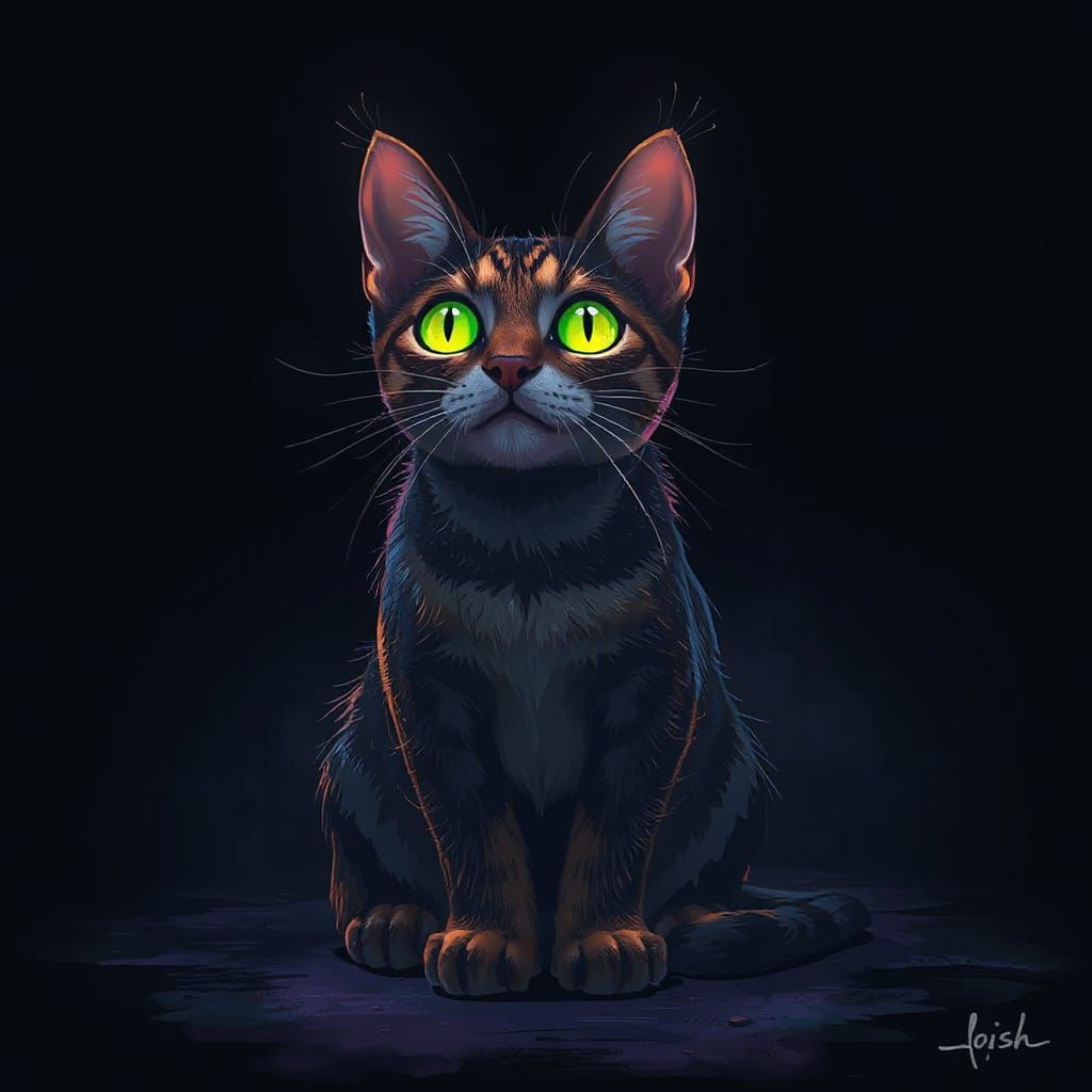 Whiskered Cat Illuminated in Midnight Haze