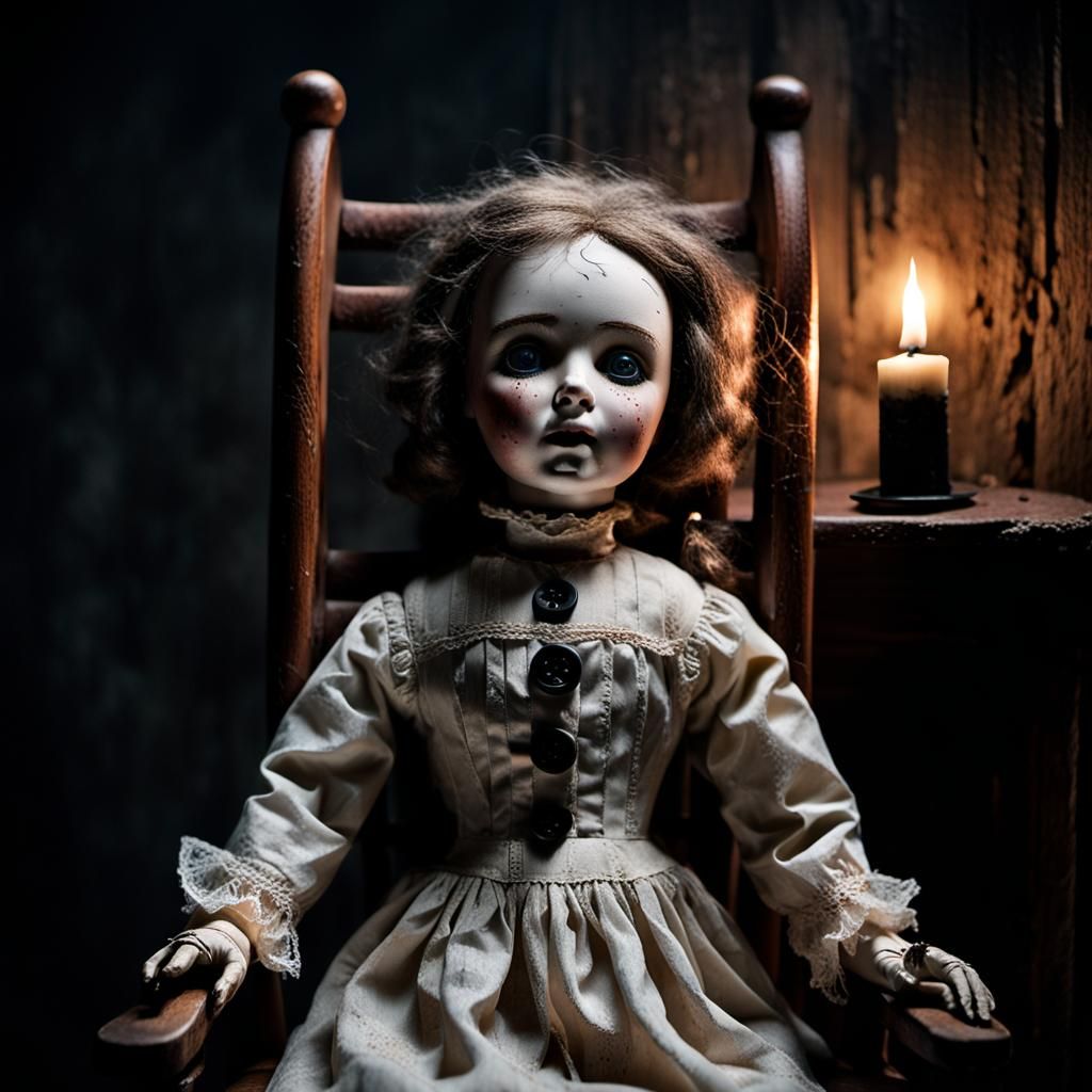 Eerie Porcelain Doll in Dark Surrealism Style
