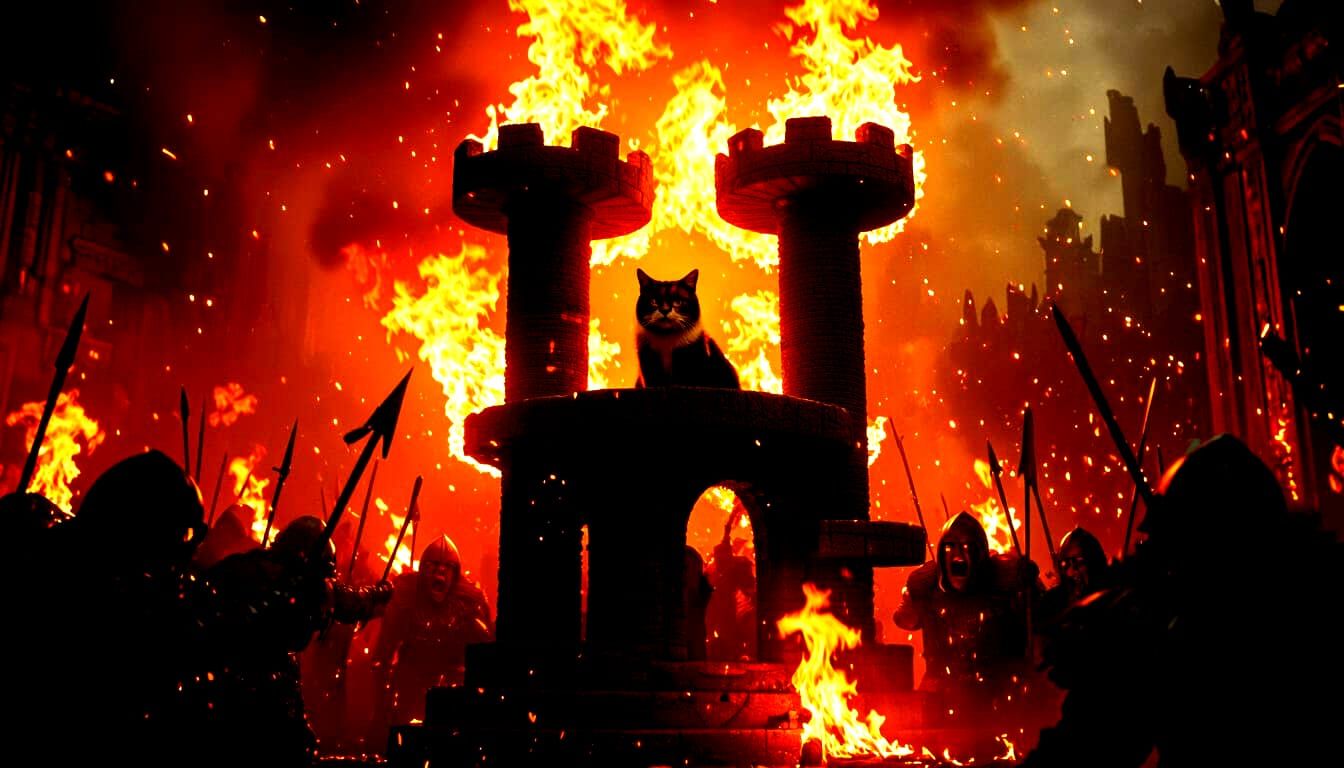 Cat Tower Under Siege by Orcs in Cinematic Style