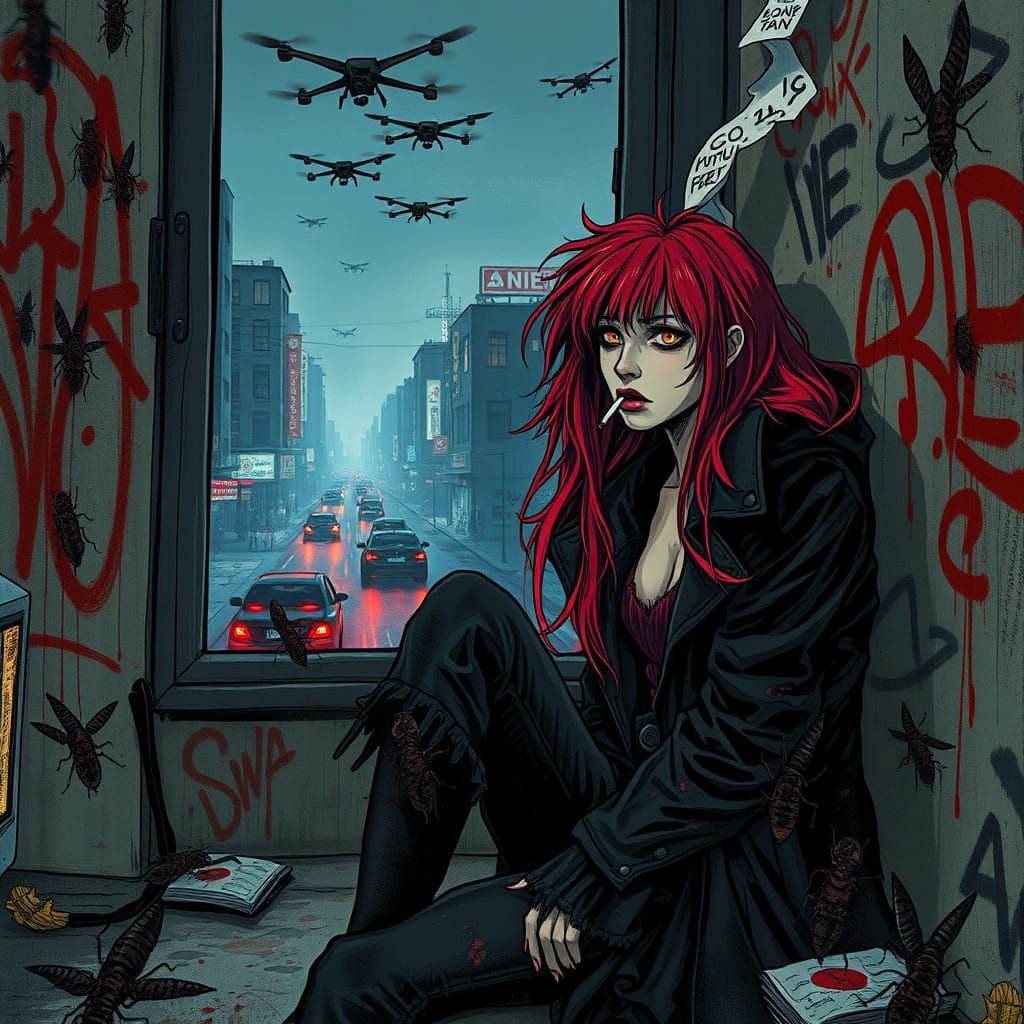 Woman Sits in Grime, Gazing Out at a Dystopian Cityscape