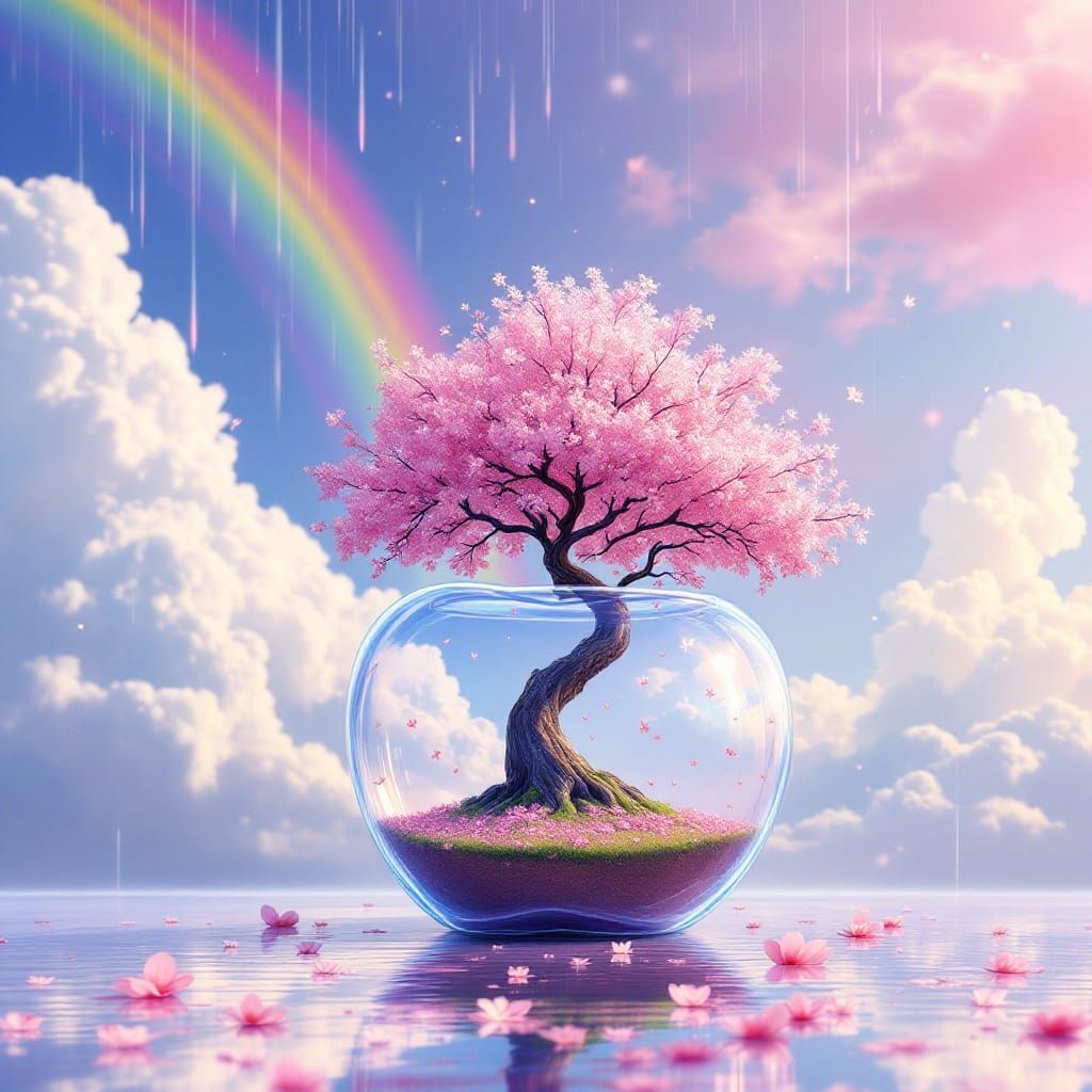 Surreal Cherry Blossom Wonderland Inside Glass Apple