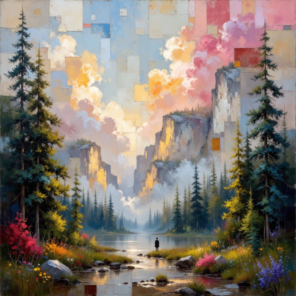 Lone Figure in Digital Forest Sky Collage