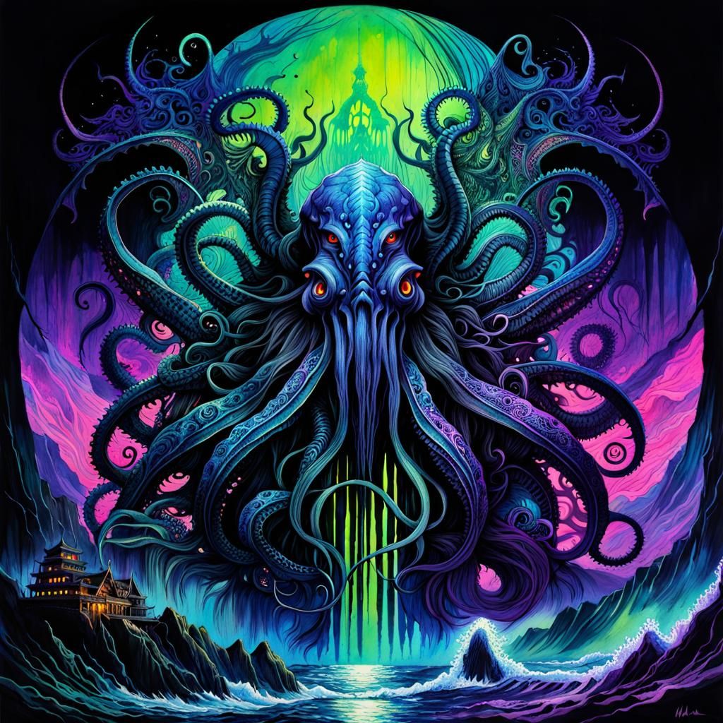 Blacklight Cthulhu Seascape: Florescent Art