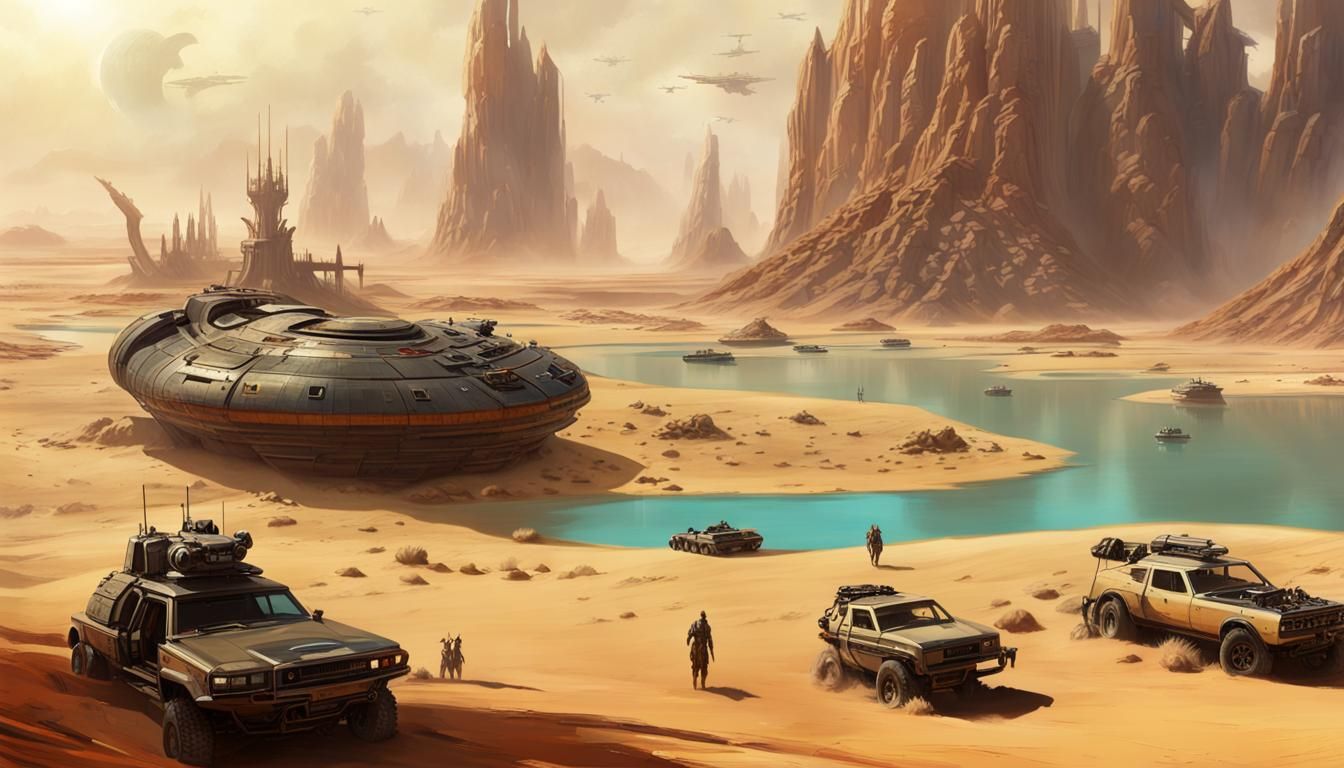 Sci-Fi Desert Oasis with Futuristic Vehicles