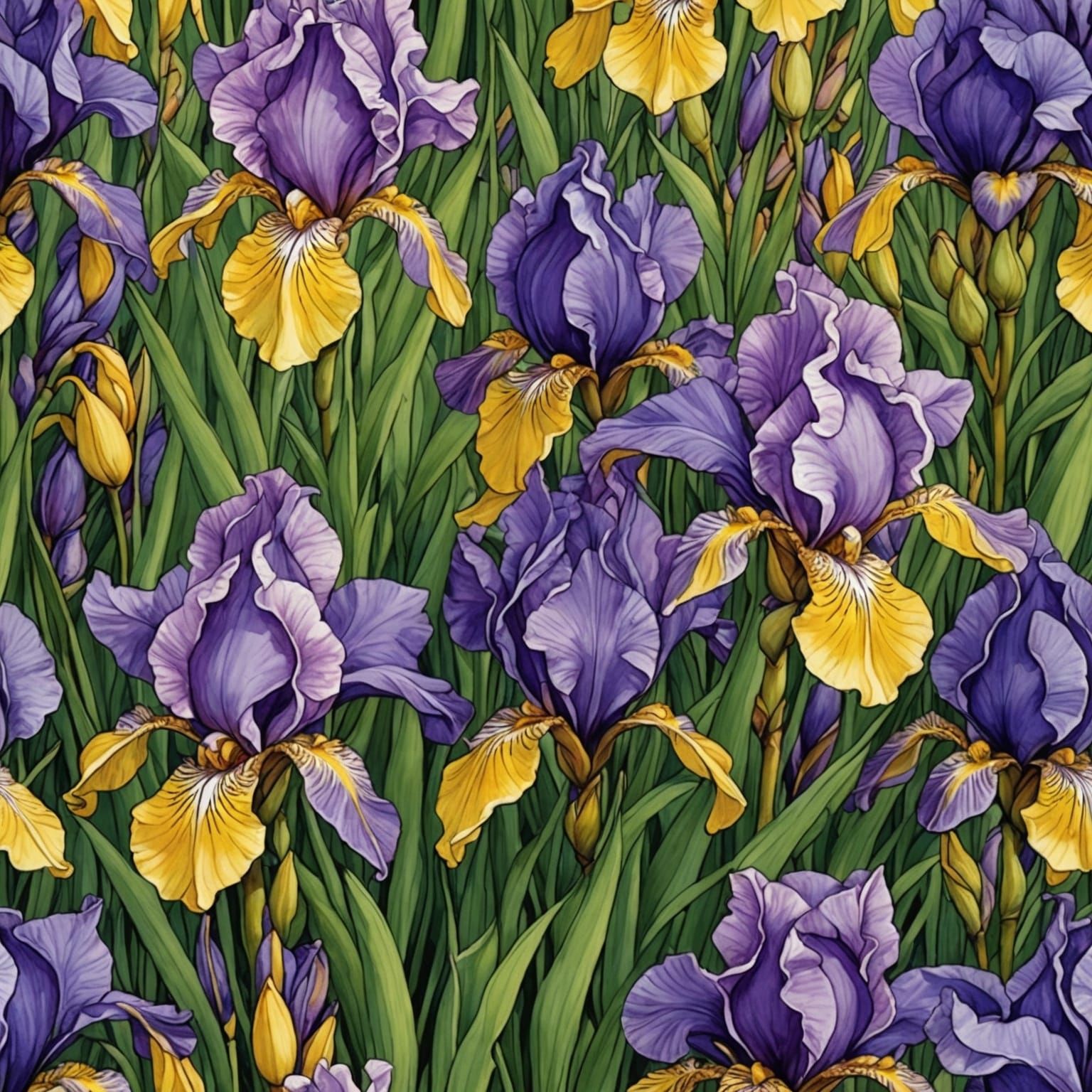 Colorful Irises in Detailed Fantasy Illustration