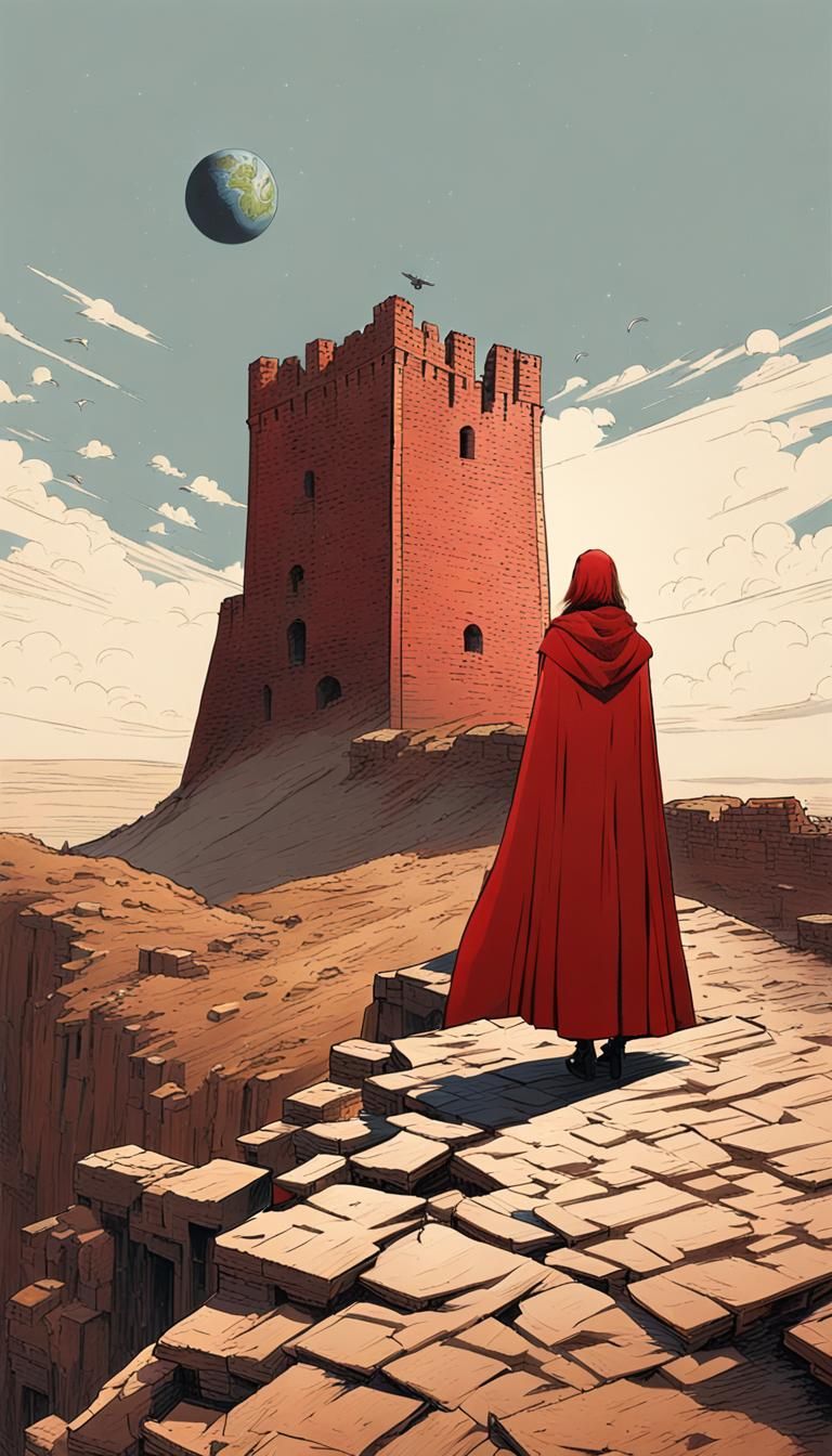 Woman in Red Cloak Gazing at Giant Planet