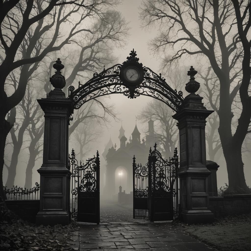 Eerie Gate in Fog: Black and White Rococo Scene