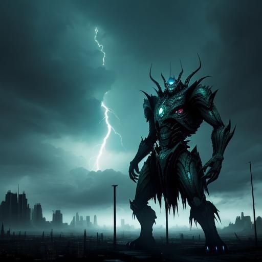 Giant Insect Kaiju Amidst Ruined Cityscape