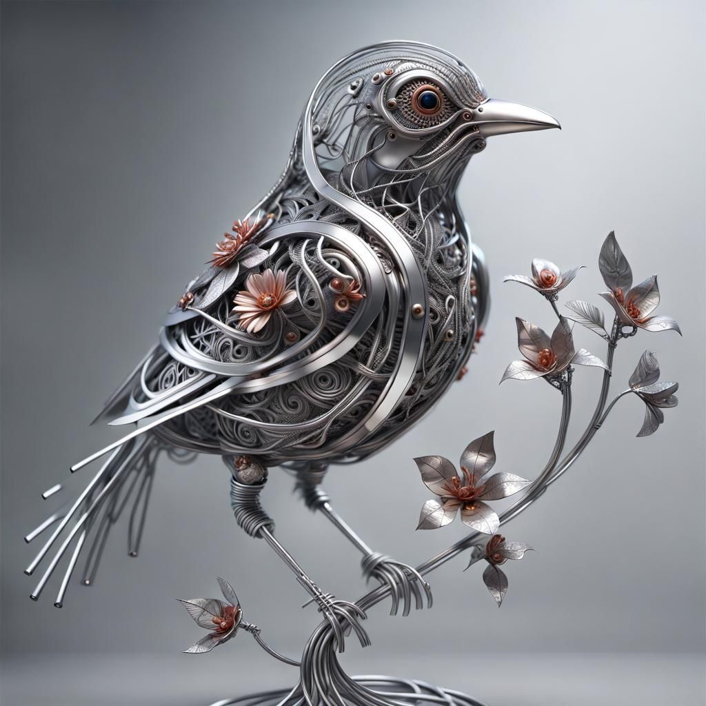 Intricate Metal Wire Bird Sculpture