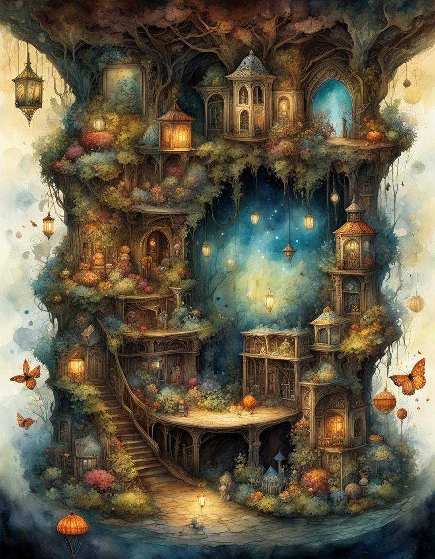 Nostalgic Cubbyhole: Watercolor and Ink Fairycore Art