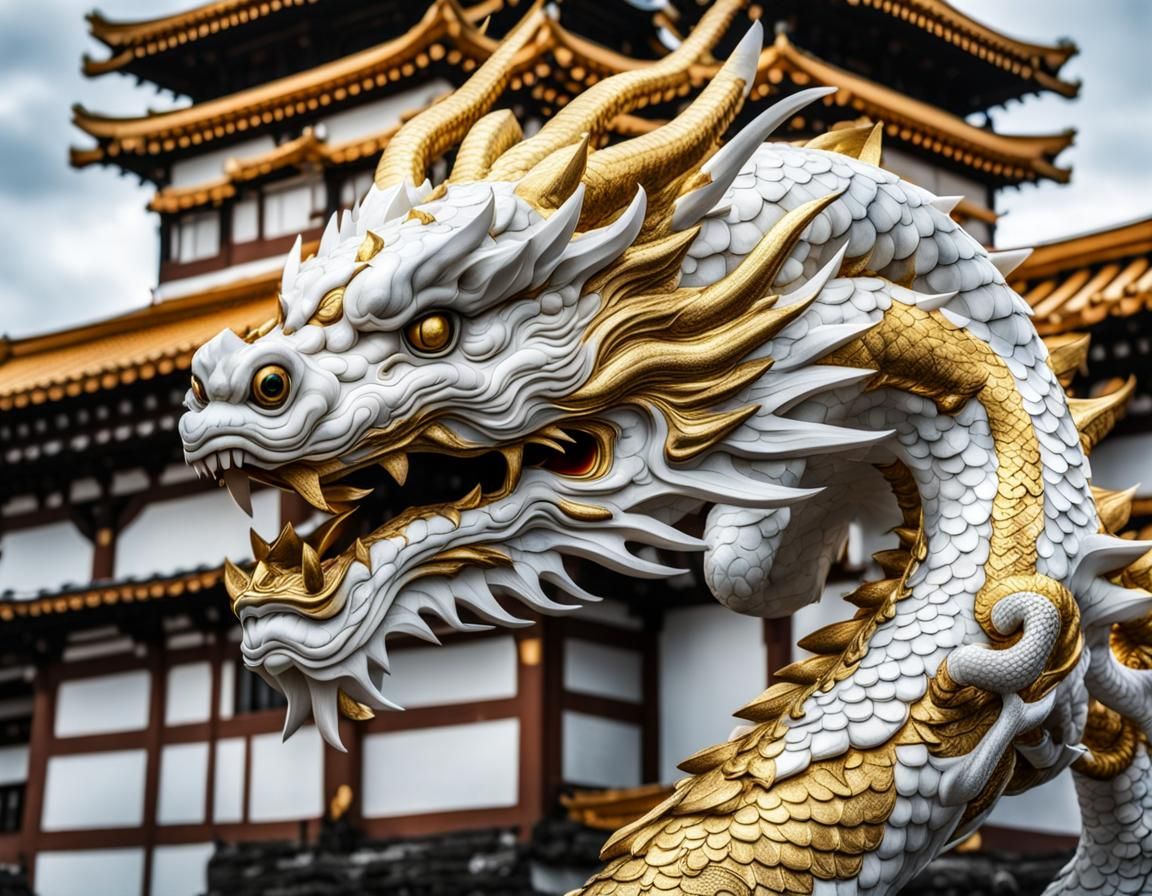 Golden Dragon on Japanese Castle: Hyperrealistic Image
