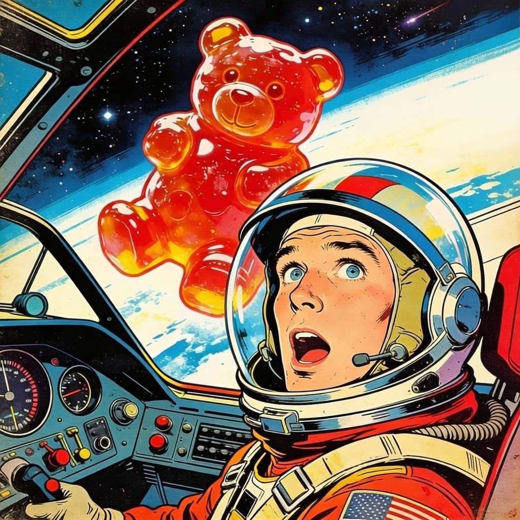 Astronaut Surprised by Giant Gummi Bear in Space