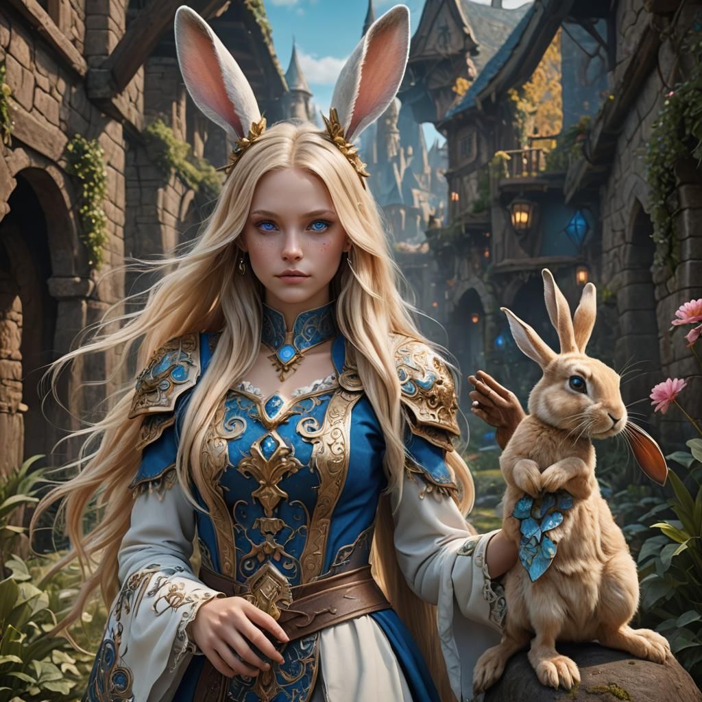 Blonde Woman in Rabbit Costume, Detailed Matte Painting