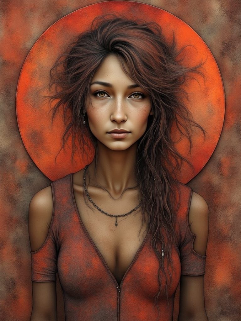Rusted Female Portrait in Red and Orange Hues