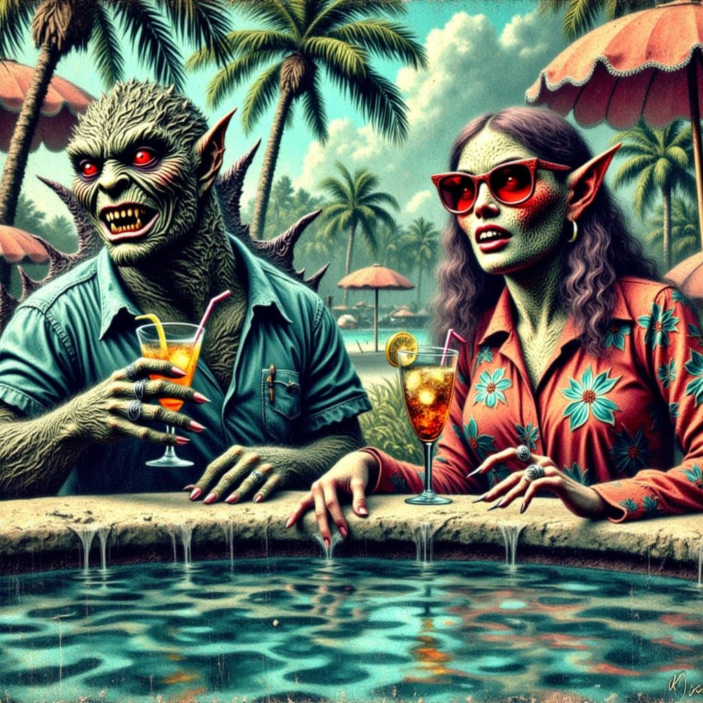 Godzilla and Basilisk Relax Poolside in Miami