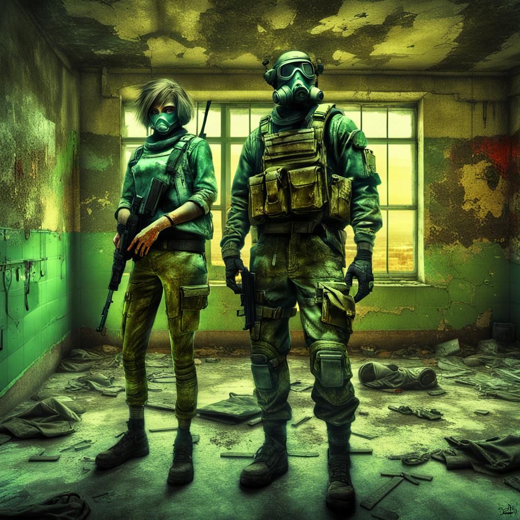 Cyberpunk Couple in Derelict Building with Soldiers