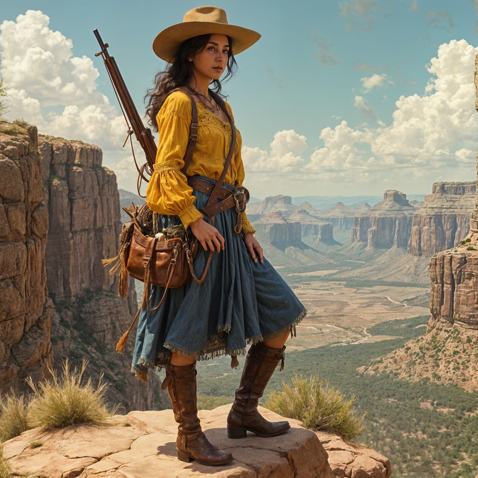 Vintage Cowgirl Latina Standing on a Rocky Cliff